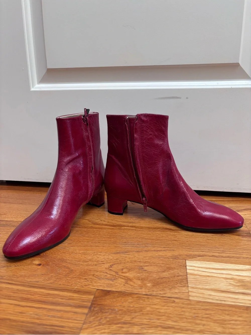 Women's Red Leather Ankle Boots - Stylish Low Heel